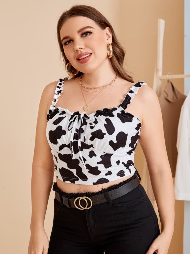 Plus Cow Print Ruched Bust Knot Front Top