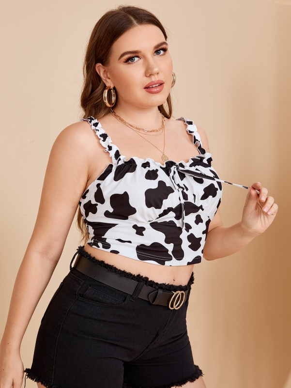 Plus Cow Print Ruched Bust Knot Front Top