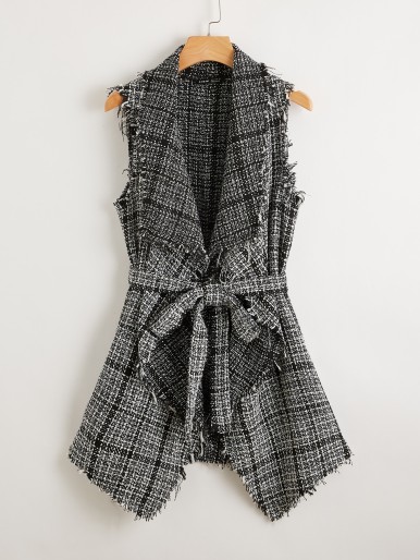 Waterfall Neck Raw Hem Belted Tweed Vest Coat