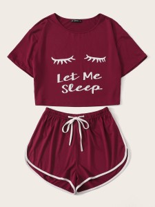 Graphic Print Top & Drawstring Waist Dolphin Shorts PJ Set