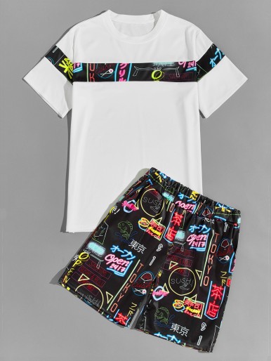 Men Graffiti Print Tee With Shorts