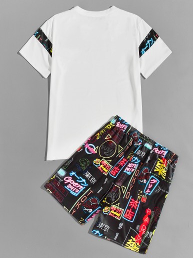 Men Graffiti Print Tee With Shorts