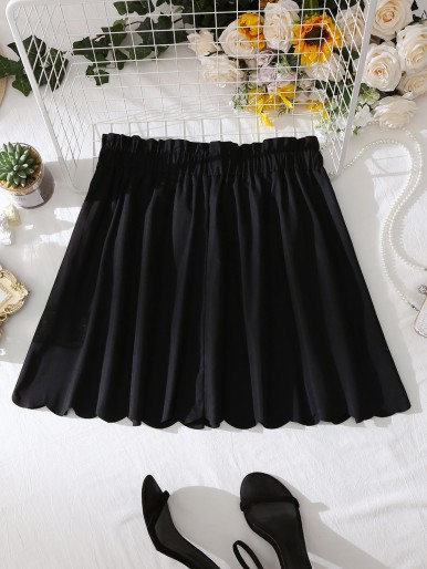 Plus Scallop Trim Paperbag Waist Tie Front Skirt