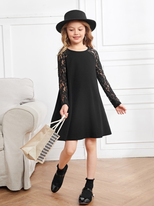 Girls Contrast Lace Raglan Sleeve Dress