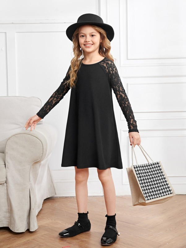 Girls Contrast Lace Raglan Sleeve Dress