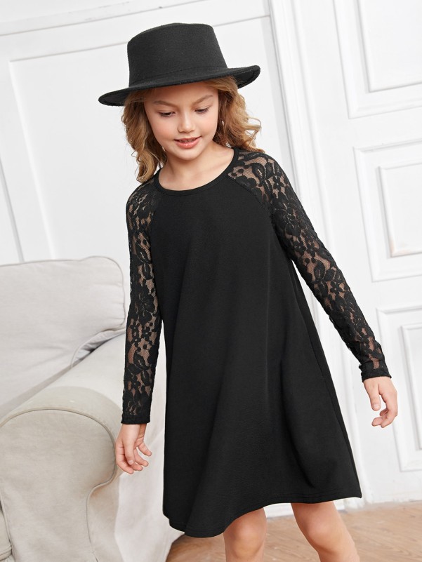 Girls Contrast Lace Raglan Sleeve Dress