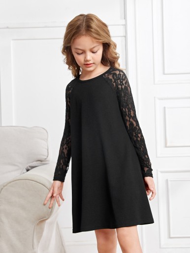 Girls Contrast Lace Raglan Sleeve Dress