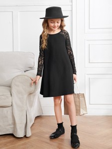 Girls Contrast Lace Raglan Sleeve Dress