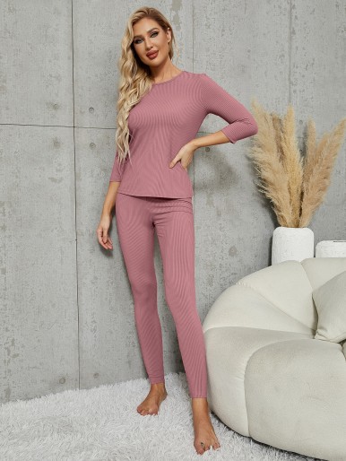 Solid Rib-knit Tee and Pants Lounge Set