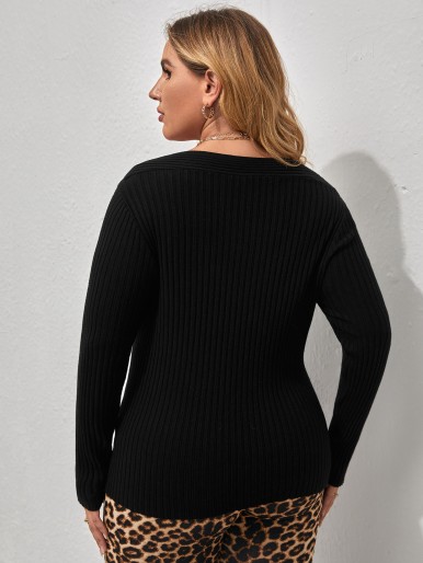 Plus Scoop Neck Ribbed Knit Sweater