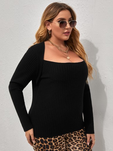 Plus Scoop Neck Ribbed Knit Sweater