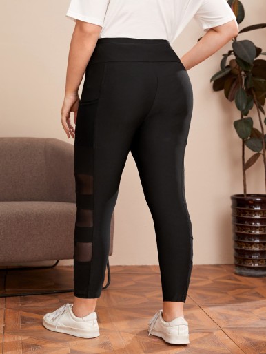 Plus Wide Waistband Mesh Insert Leggings