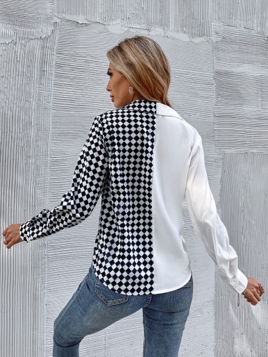 Checkerboard Print Lapel Collar Singe Button Blouse