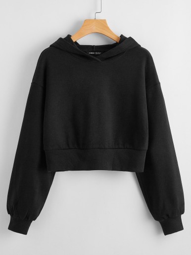 Solid Drop Shoulder Crop Hoodie