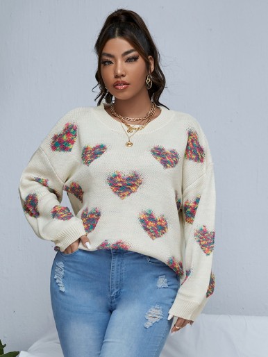 Plus Heart Pattern Drop Shoulder Sweater