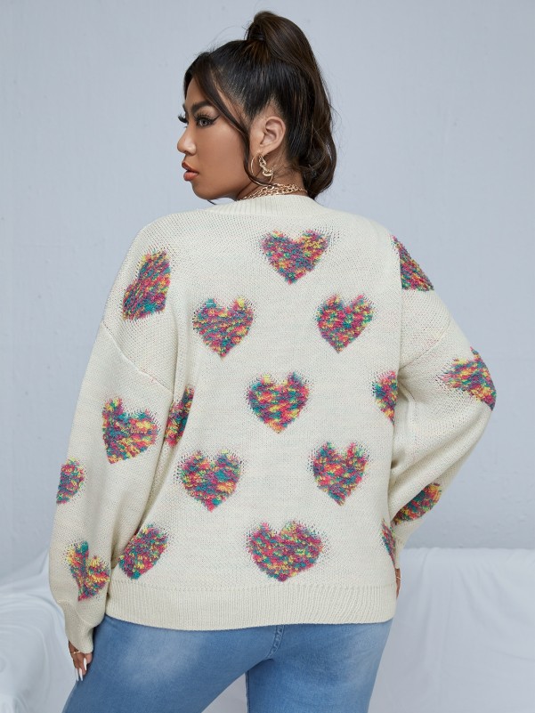 Plus Heart Pattern Drop Shoulder Sweater