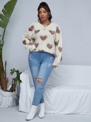 Plus Heart Pattern Drop Shoulder Sweater