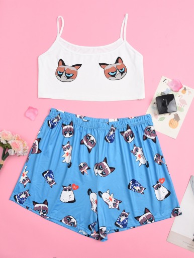 Plus Cartoon Cat Print Pajama Set