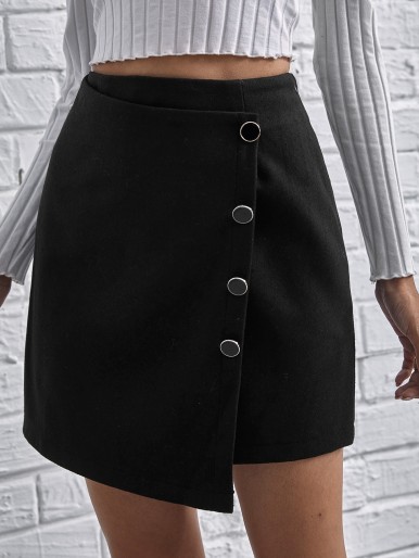 Solid Button Detail Wrap Skirt