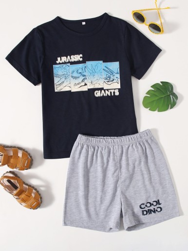 Boys Dinosaur Print Tee With Track Shorts