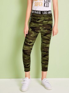 Girls Lettering Tape Waist and Sideseam Camo Leggings