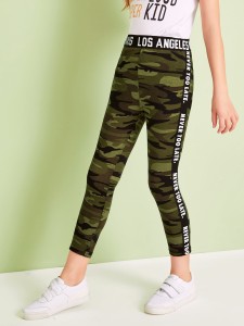 Girls Lettering Tape Waist and Sideseam Camo Leggings