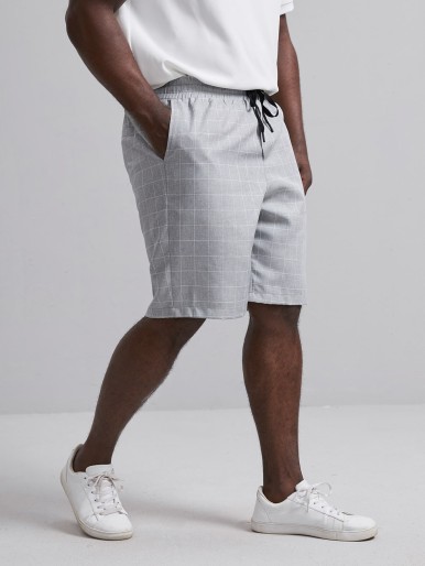 Men Grid Print Drawstring Waist Shorts