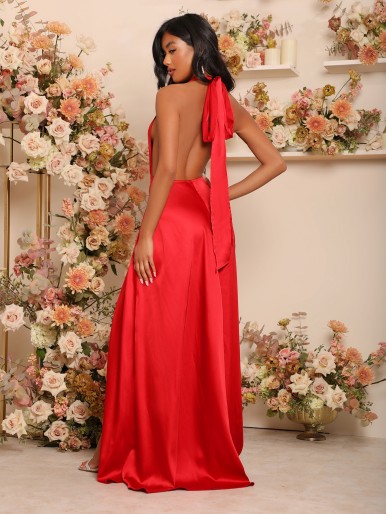 Plunging Neck Split Thigh Tied Backless Bridesmaid Dress