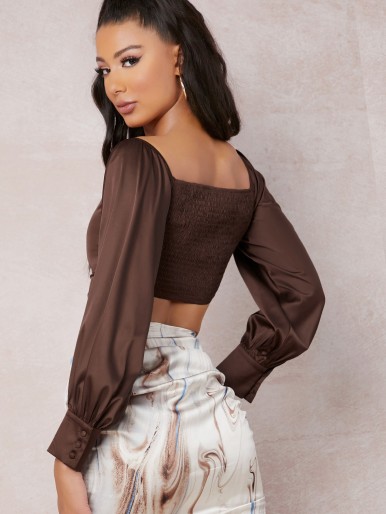 Square Neck Bishop Sleeve Satin Top