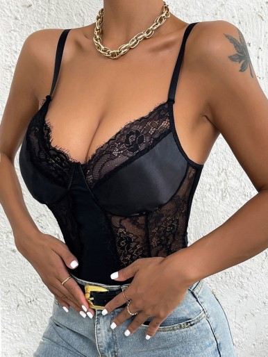 Contrast Floral Lace Satin Cami Bodysuit