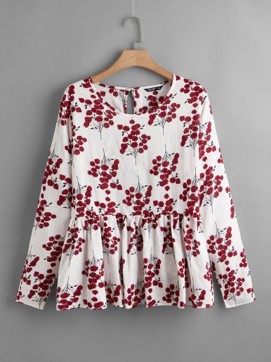 Plus All Over Floral Print Keyhole Back Peplum Blouse