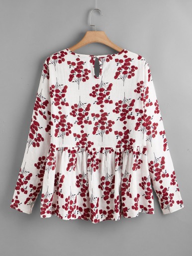 Plus All Over Floral Print Keyhole Back Peplum Blouse