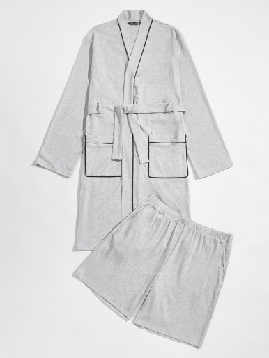 Men Contrast Tipping Pocket Patched Self Belted Robe With Sleep Shorts