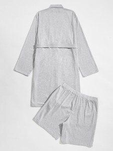 Men Contrast Tipping Pocket Patched Self Belted Robe With Sleep Shorts