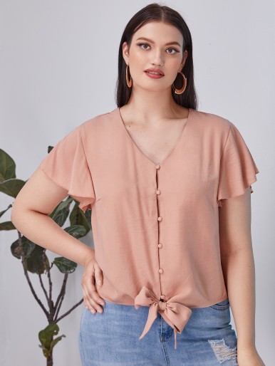 Plus Butterfly Sleeve Knot Hem Blouse