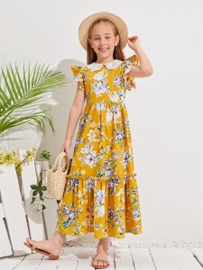 Girls Guipure Lace Peter Pan Collar Ruffle Hem Floral Dress