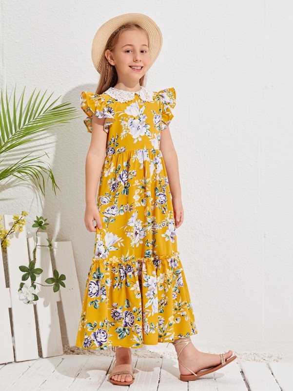 Girls Guipure Lace Peter Pan Collar Ruffle Hem Floral Dress