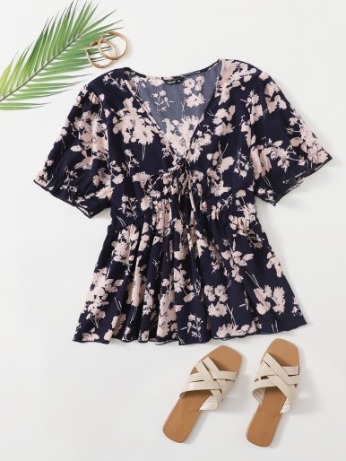 Plus Floral Print Knot Front Babydoll Blouse