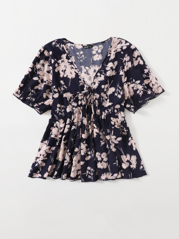 Plus Floral Print Knot Front Babydoll Blouse