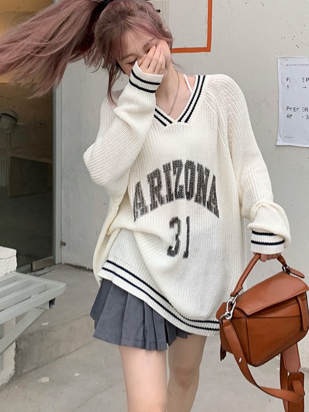 Stripe Trim Letter Graphic Oversized Sweater