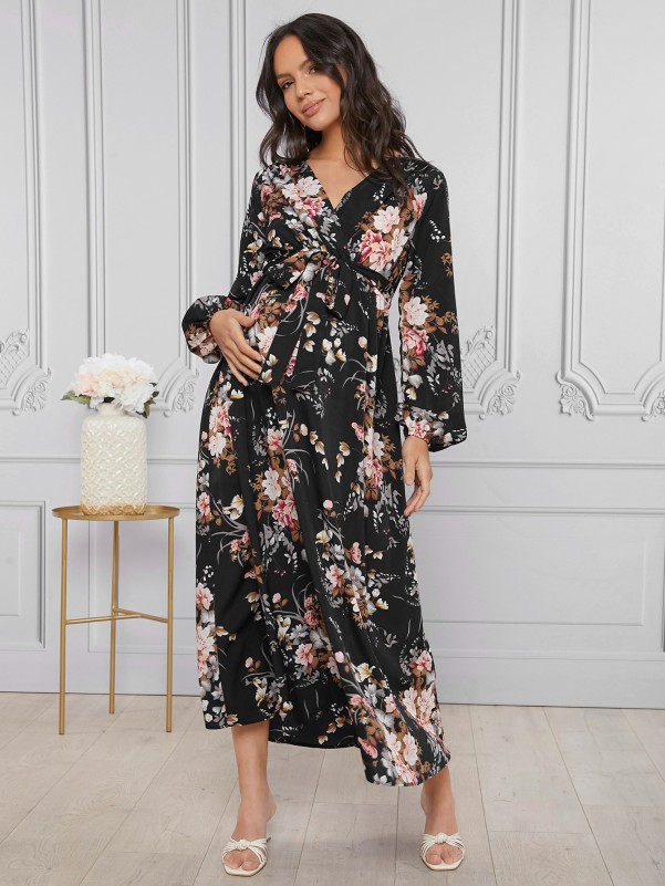 Maternity Bishop Sleeve Self Belted Floral Dress