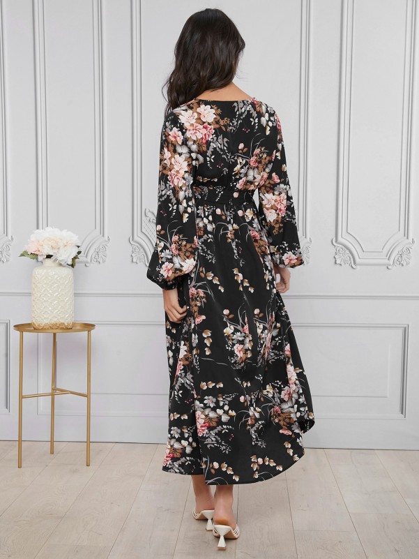 Maternity Bishop Sleeve Self Belted Floral Dress