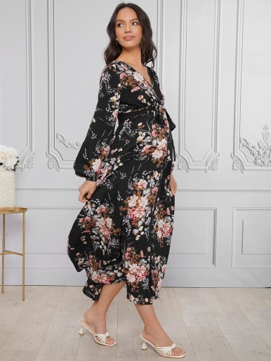 Maternity Bishop Sleeve Self Belted Floral Dress