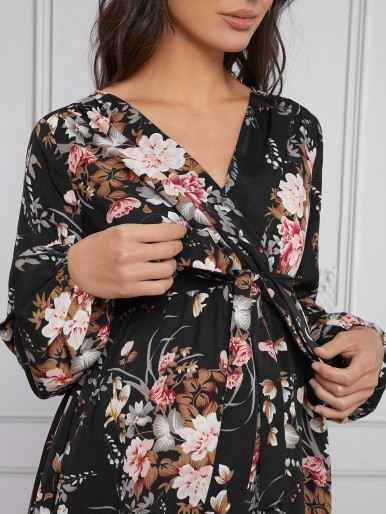 Maternity Bishop Sleeve Self Belted Floral Dress