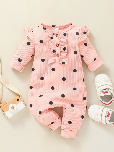 Baby Polka Dot Print Ruffle Trim Jumpsuit