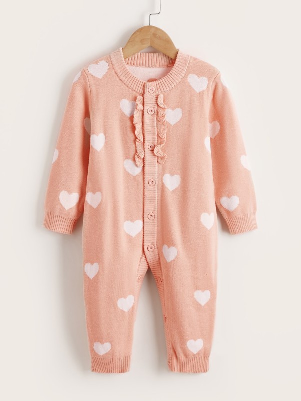 Baby Heart Pattern Button Front Knit Jumpsuit