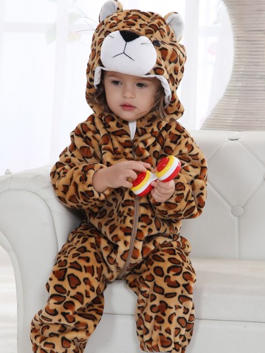 Baby Leopard Print 3D Ear Patched Zip Front Plush Sleepsuit