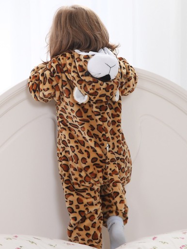 Baby Leopard Print 3D Ear Patched Zip Front Plush Sleepsuit