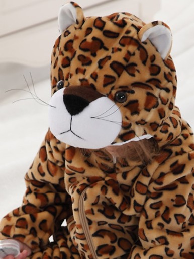 Baby Leopard Print 3D Ear Patched Zip Front Plush Sleepsuit