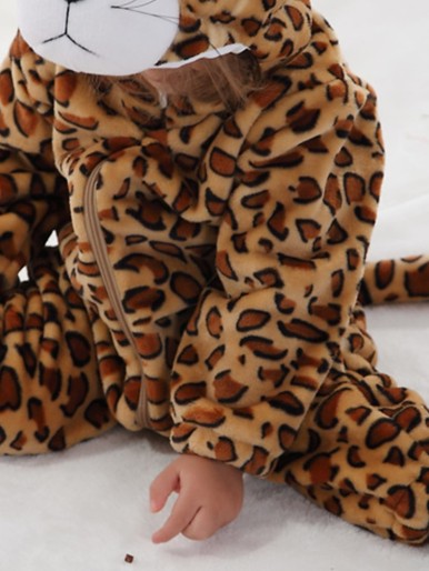 Baby Leopard Print 3D Ear Patched Zip Front Plush Sleepsuit